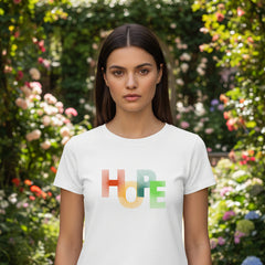 White t-shirt with 'HOPE' in colorful letters on a white background