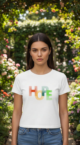 White t-shirt with 'HOPE' in colorful letters on a white background