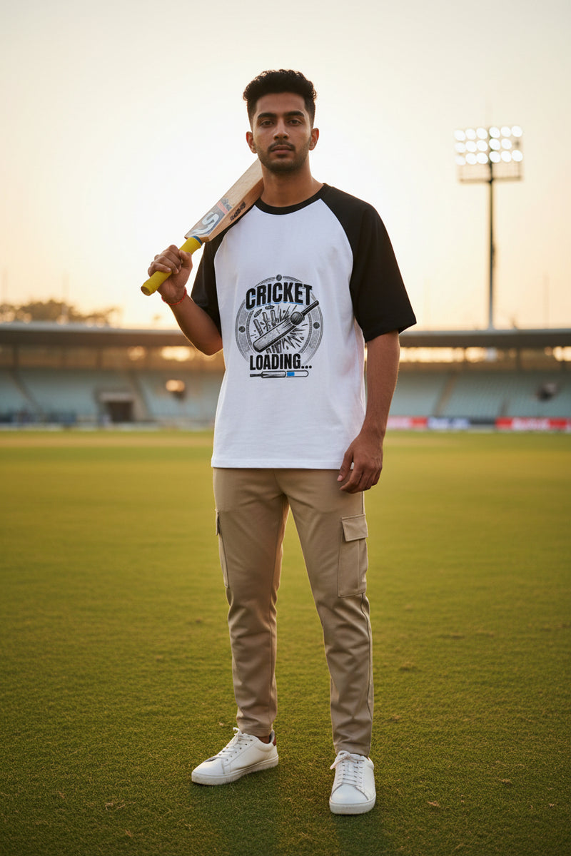 Black and white baseball shirt with 'Cricket Loading' graphic on a white background