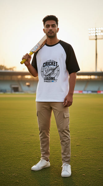 Black and white baseball shirt with 'Cricket Loading' graphic on a white background