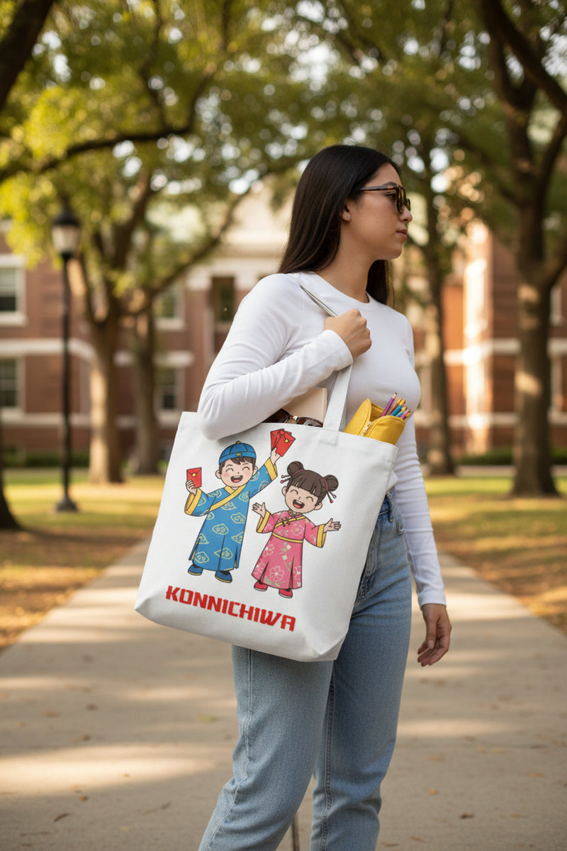 Tote bag with cartoon characters and 'Konnichiwa' text on a white background