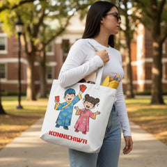 Tote bag with cartoon characters and 'Konnichiwa' text on a white background