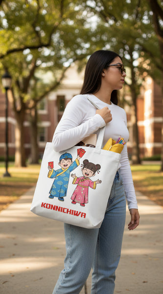 Tote bag with cartoon characters and 'Konnichiwa' text on a white background