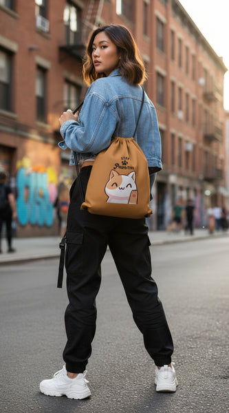 Brown drawstring bag with a cat illustration and 'Stay Pawsitive' text on a light gray background.