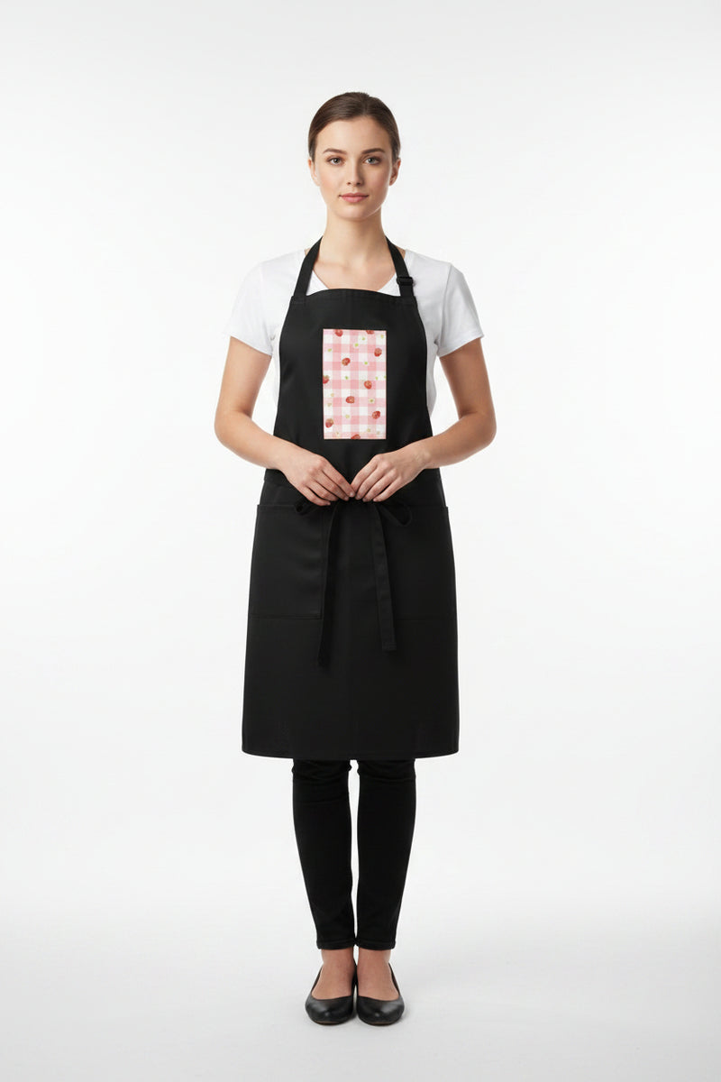 Woman wearing a black apron with a red and white pattern on a white background