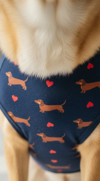 Dog wearing a blue shirt with a red heart and text on a white background