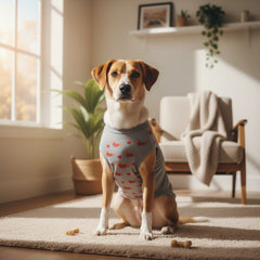 Dog wearing a gray sweater with red text on a white background