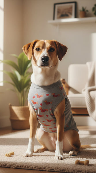 Dog wearing a gray sweater with red text on a white background