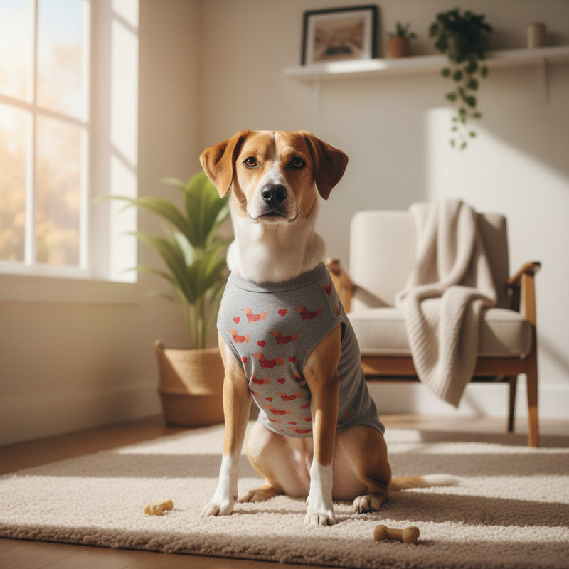 Dog wearing a gray sweater with red text on a white background