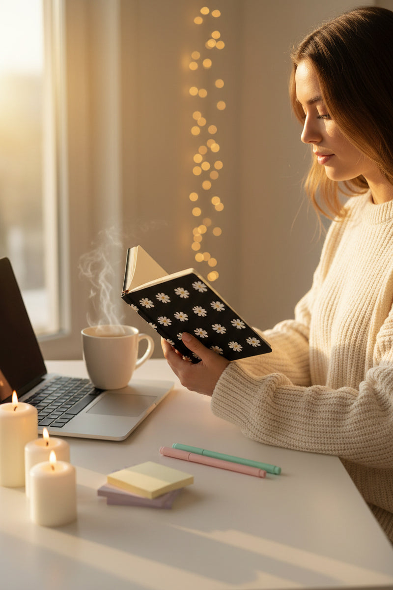 Laptop, notebook with polka dot cover, and pen on a white surface
