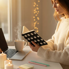Laptop, notebook with polka dot cover, and pen on a white surface