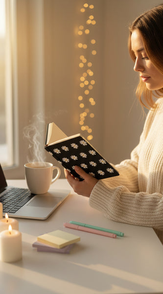 Laptop, notebook with polka dot cover, and pen on a white surface