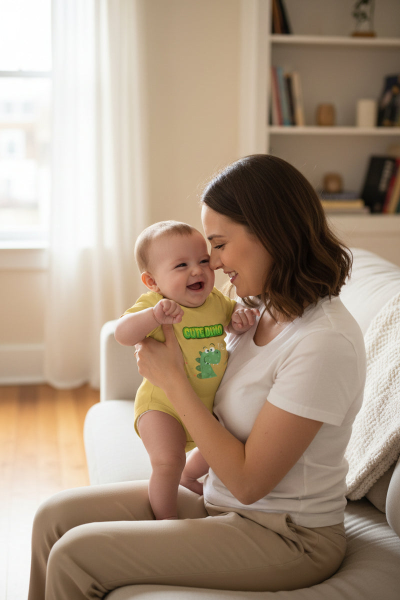 Yellow baby onesie with a green dinosaur graphic and 'Cute Dino' text on a white background