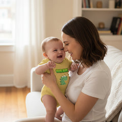 Yellow baby onesie with a green dinosaur graphic and 'Cute Dino' text on a white background