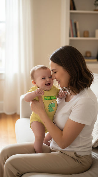 Yellow baby onesie with a green dinosaur graphic and 'Cute Dino' text on a white background