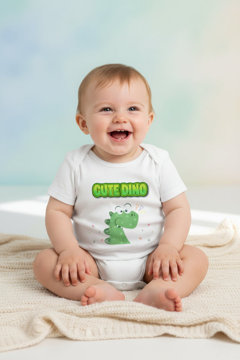 White baby onesie with green dinosaur design and 'Cute Dino' text on a white background