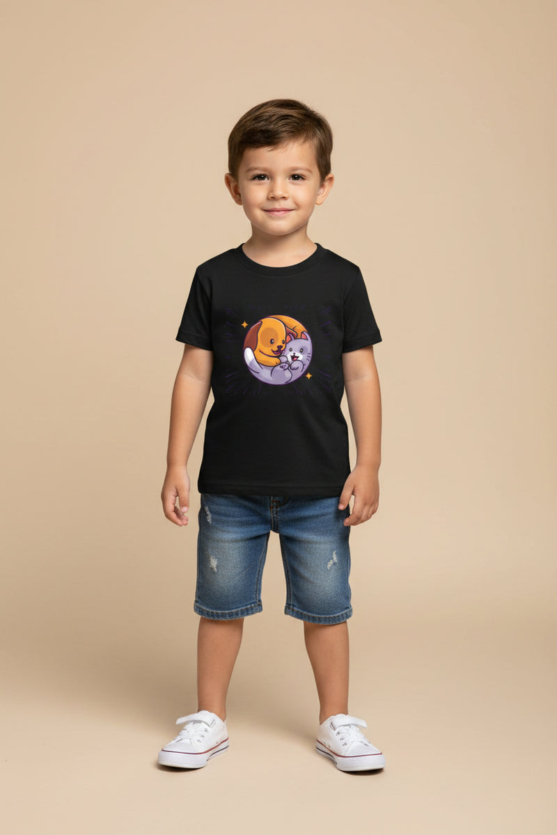 Black t-shirt with a cartoon dog and cat design on a white background