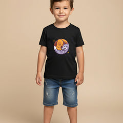Black t-shirt with a cartoon dog and cat design on a white background