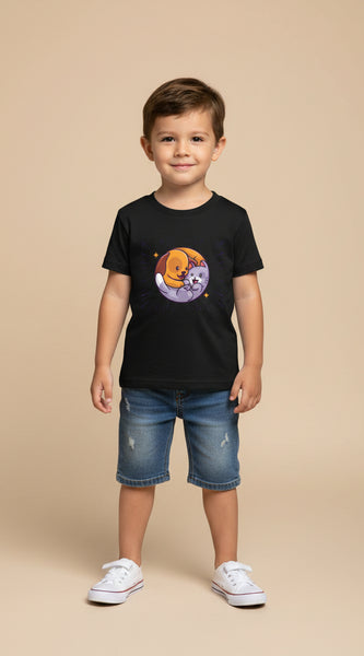 Black t-shirt with a cartoon dog and cat design on a white background