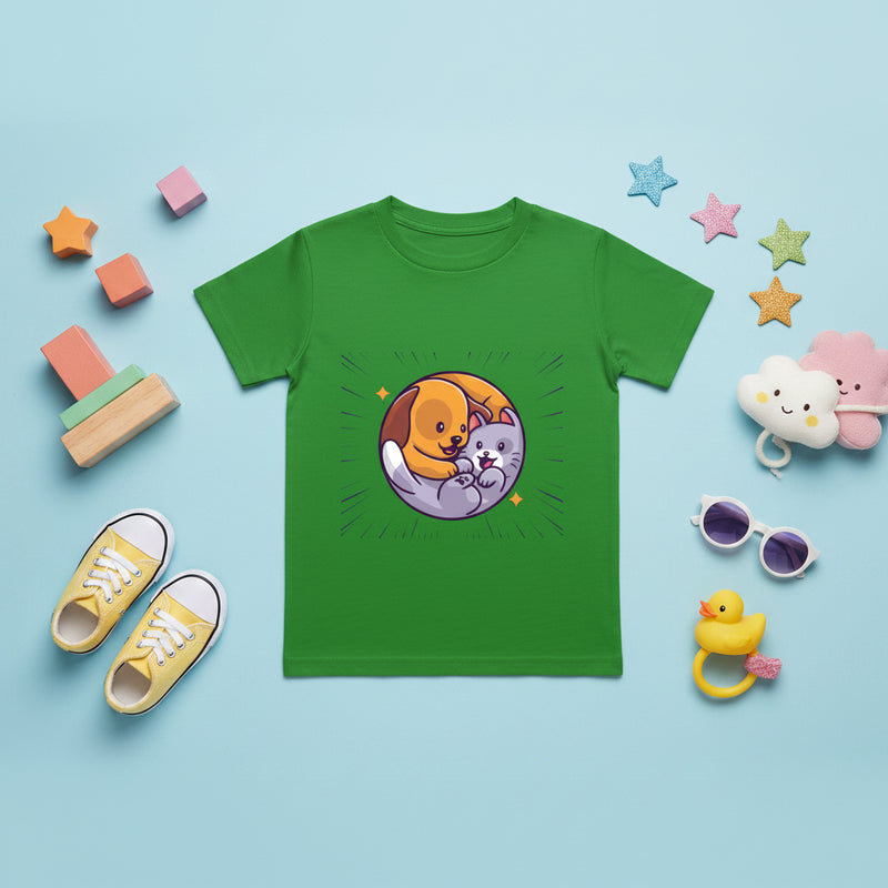 Green t-shirt with a cartoon dog and cat design on a white background