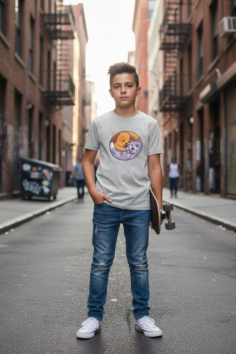 Light Gray t-shirt with a colorful graphic of a dog and cat hugging on a white background