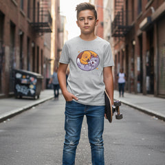 Light Gray t-shirt with a colorful graphic of a dog and cat hugging on a white background