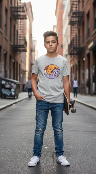 Light Gray t-shirt with a colorful graphic of a dog and cat hugging on a white background