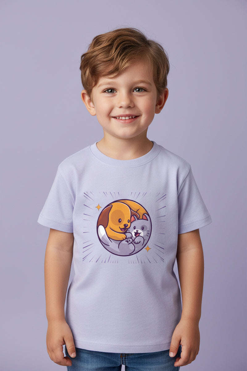 Lavender t-shirt with a circular graphic of a dog and cat hugging on a white background