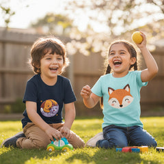 Navy Blue t-shirt with a cartoon design of a dog and cat on a white background