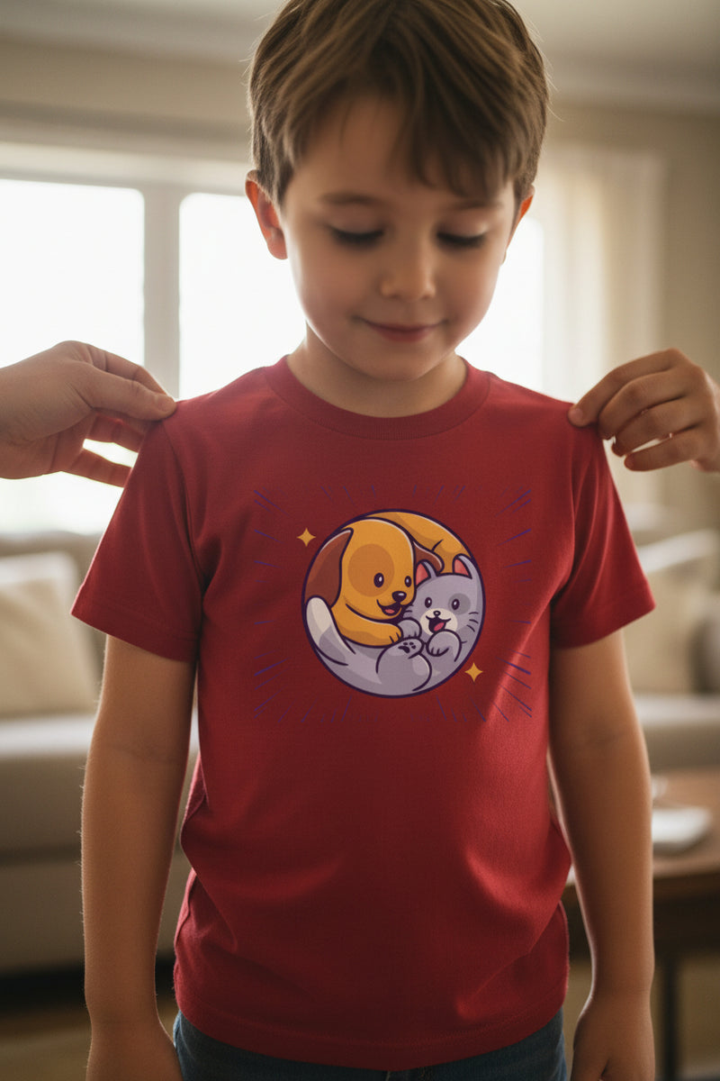 Red t-shirt with a cartoon design of a dog and cat on a white background