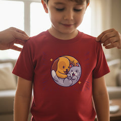 Red t-shirt with a cartoon design of a dog and cat on a white background