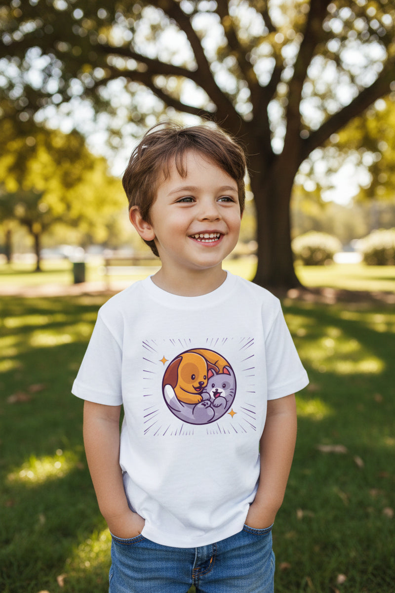 White t-shirt with a cartoon design of a dog and cat on a white background