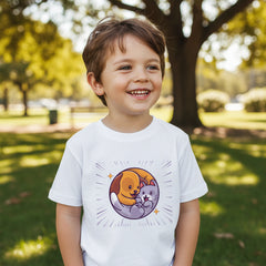 White t-shirt with a cartoon design of a dog and cat on a white background