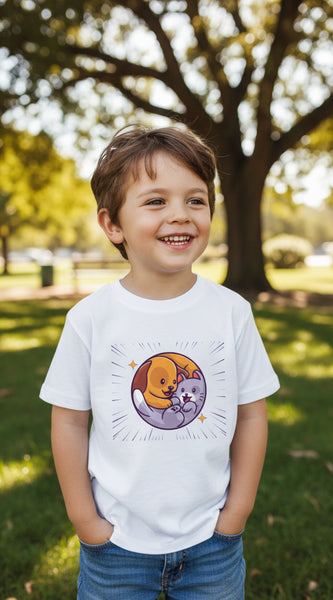 White t-shirt with a cartoon design of a dog and cat on a white background