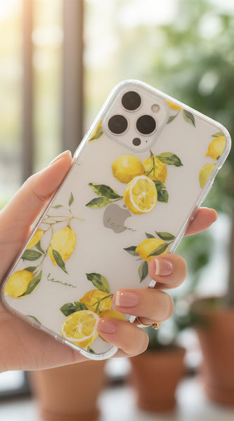 Phone case with lemon design on a light gray background