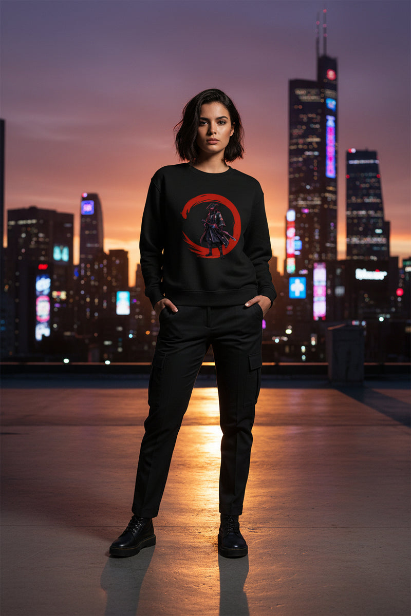 Black and red sweatshirt with a red and black graphic design on a white background