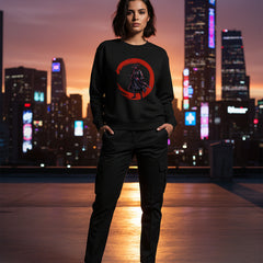 Black and red sweatshirt with a red and black graphic design on a white background
