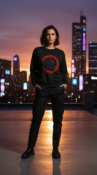 Black and red sweatshirt with a red and black graphic design on a white background
