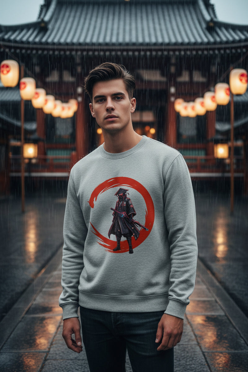 Gray sweatshirt with a graphic of a samurai in a red circle on a white background