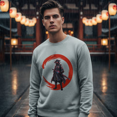 Gray sweatshirt with a graphic of a samurai in a red circle on a white background