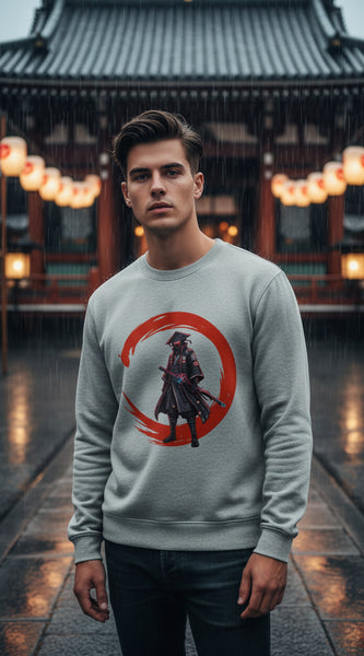 Gray sweatshirt with a graphic of a samurai in a red circle on a white background