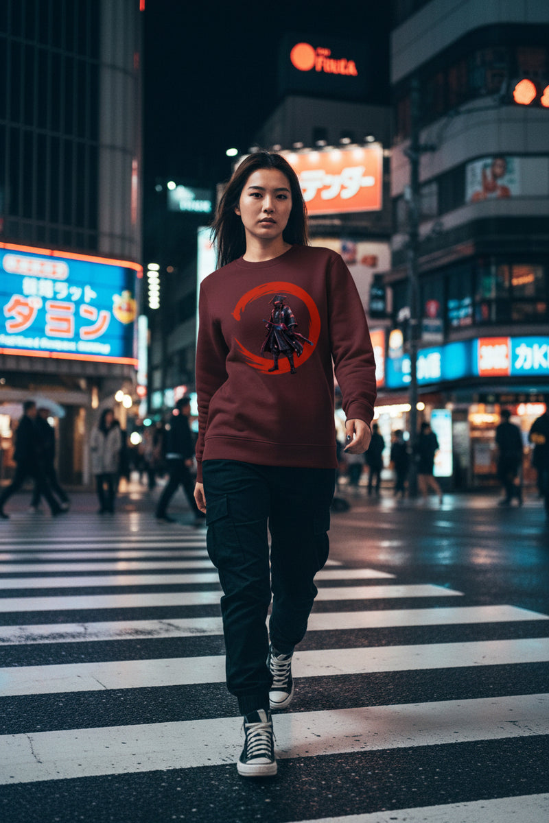 Maroon sweatshirt with a graphic design of a warrior on a red crescent moon on a white background