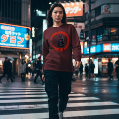 Maroon sweatshirt with a graphic design of a warrior on a red crescent moon on a white background