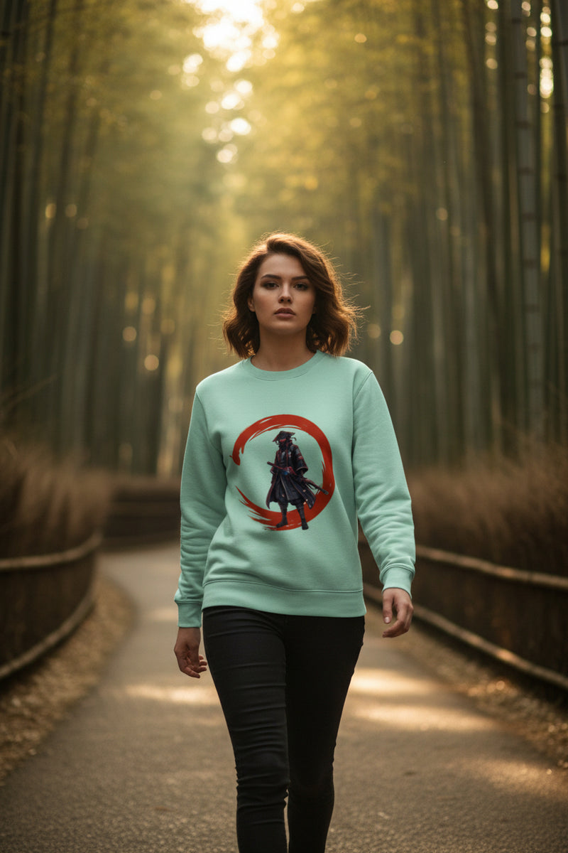 Mint sweatshirt with a graphic of a character in a red circle on a white background