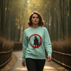 Mint sweatshirt with a graphic of a character in a red circle on a white background