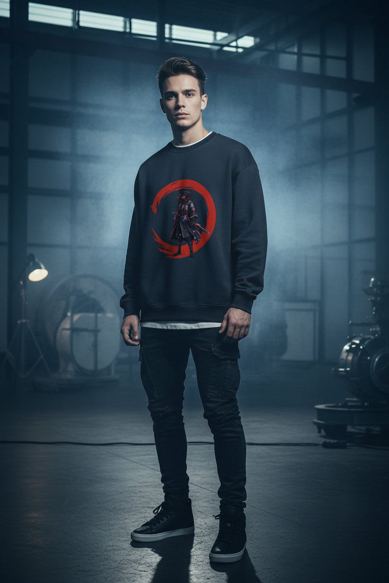 Navy Blue sweatshirt with a graphic design of a warrior on a red crescent moon on a white background