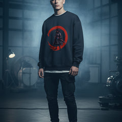 Navy Blue sweatshirt with a graphic design of a warrior on a red crescent moon on a white background