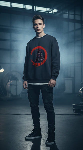 Navy Blue sweatshirt with a graphic design of a warrior on a red crescent moon on a white background