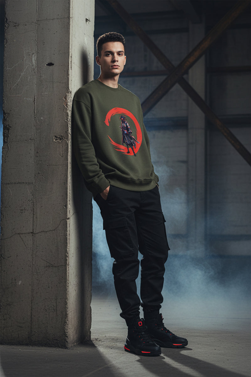 Olive Green sweatshirt with a character design and red moon on a white background
