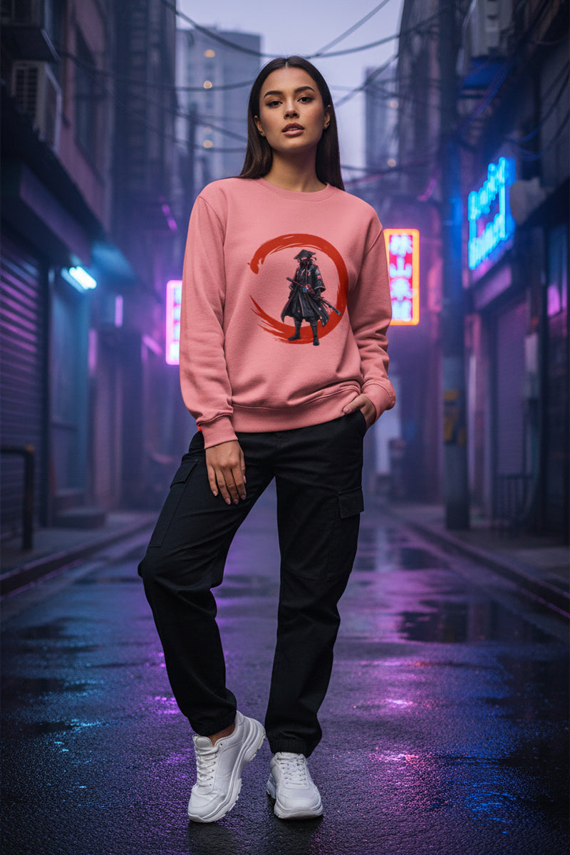 Pink sweatshirt with a graphic of a warrior in a red circle on a white background